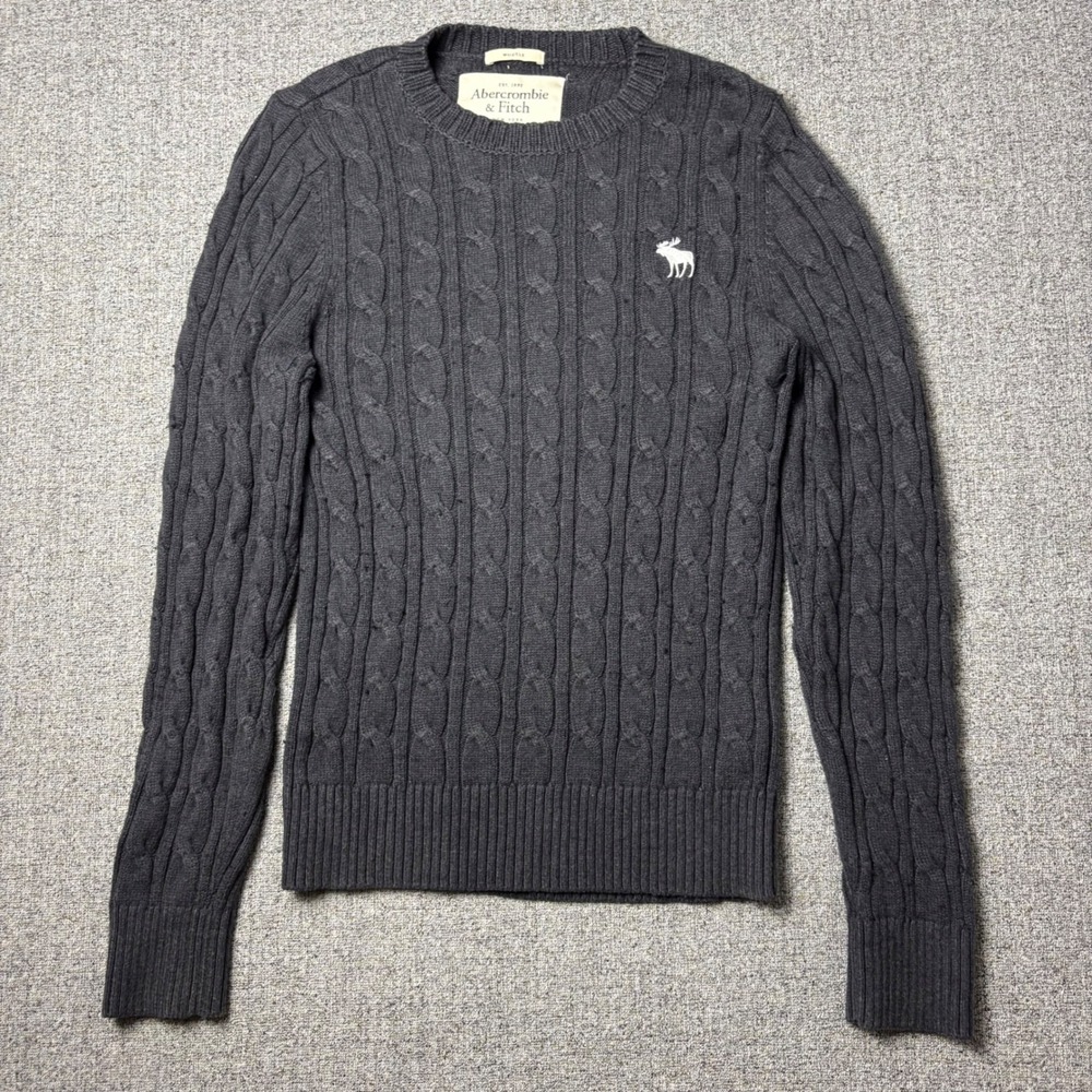 Abercrombie & Fitch Sweater Mens L Gray Muscle Fit Cable Knit Crewneck Pullover